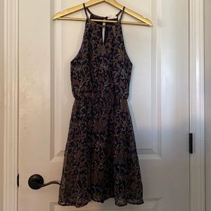Navy Paisley Patterned High Neck Flowy Dress